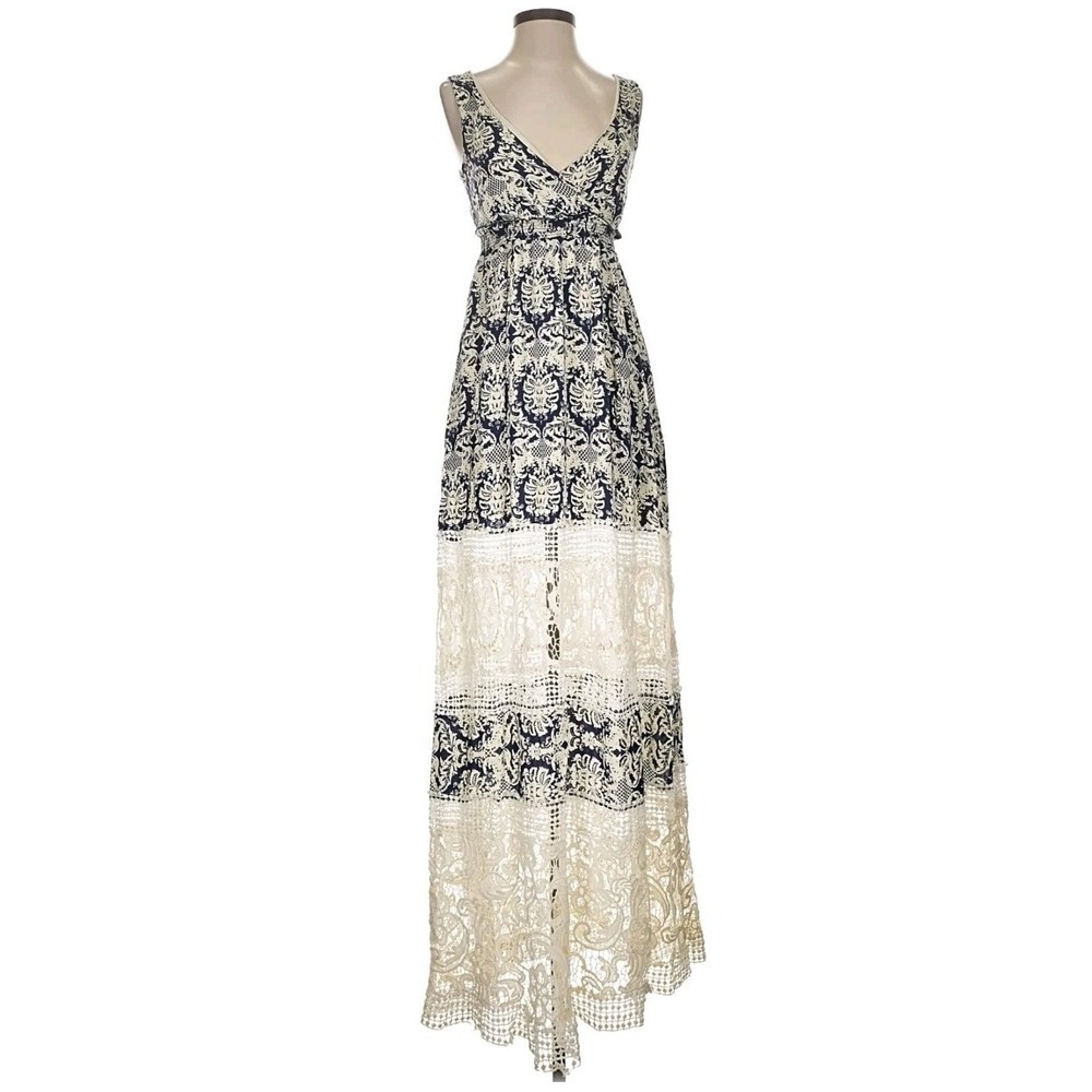 Sunday in Brooklyn Women M Dress Sleeveless Maxi Blue Ivory Floral Crochet Beach